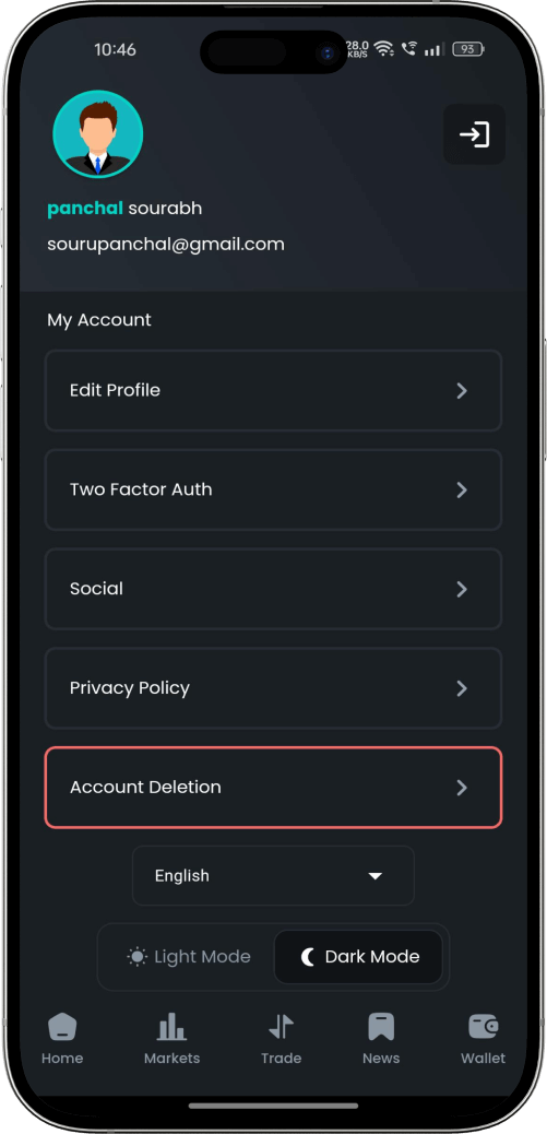 Binance clone account management screen