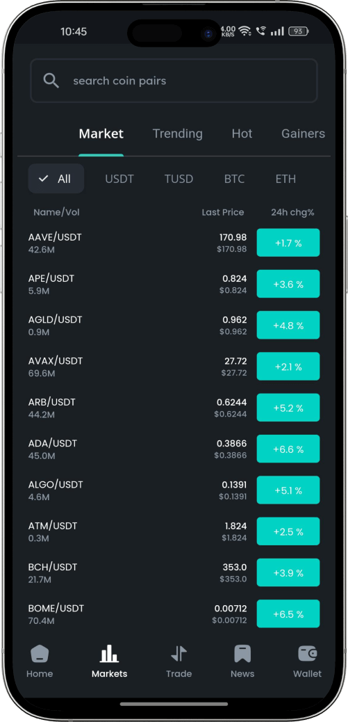 Binance clone market trend screen