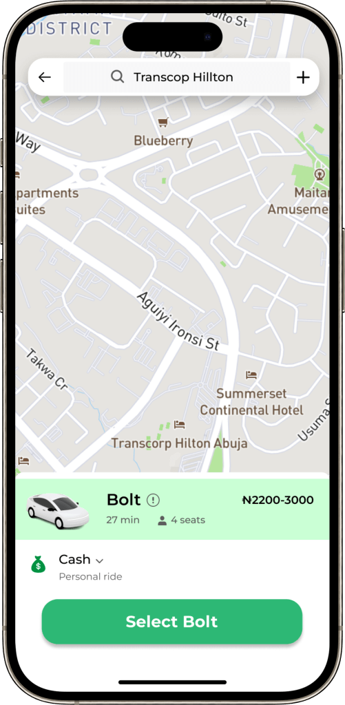 Bolt Clone Ride Booking Screen