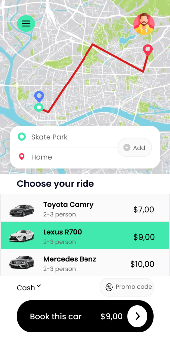 Careem clone ride booking screen