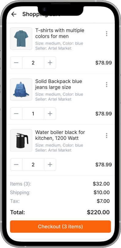 Etsy Clone shopping cart app screen