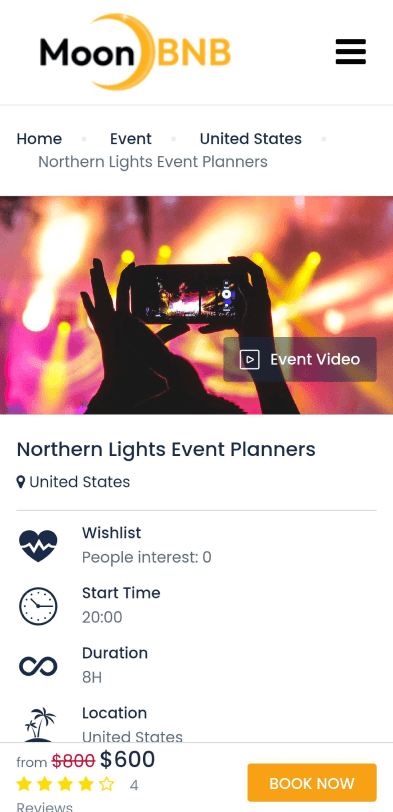 Event planners search app screen