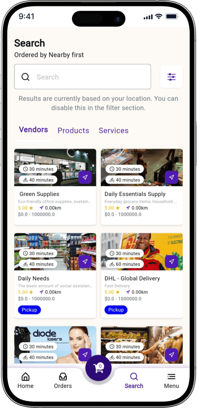 Gojek clone search vendors screen