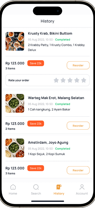 GrubHub Clone history screen