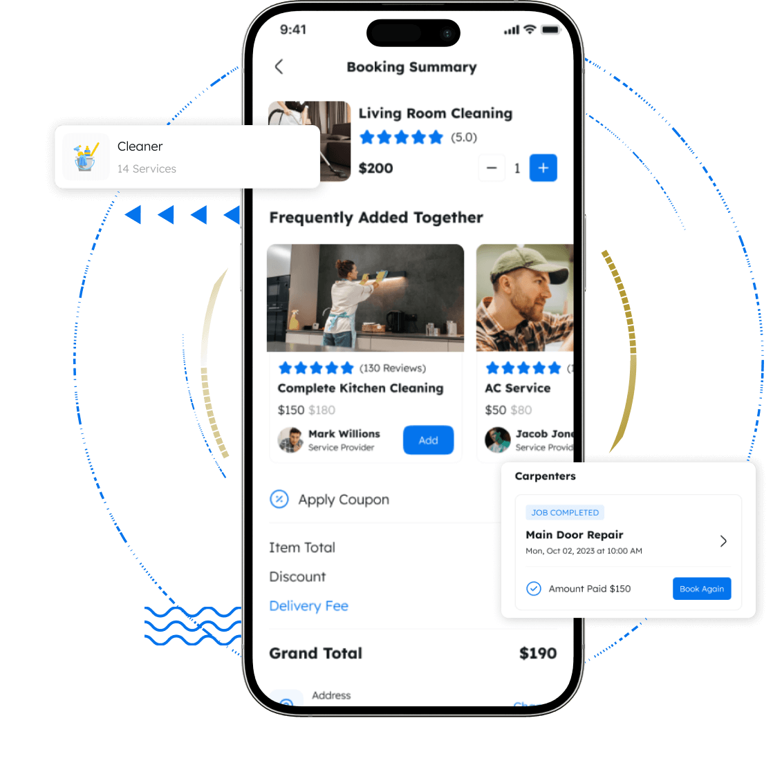 Home services app booking history feature