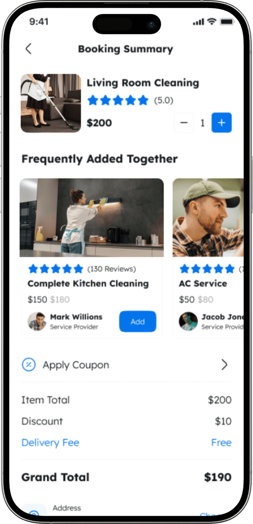 Home services app booking summary screen