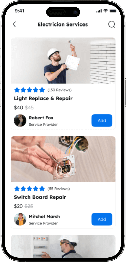 Home services app electrician services screen