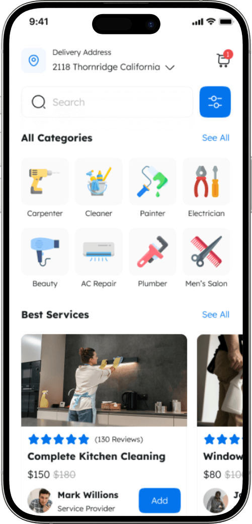 Home services app homescreen