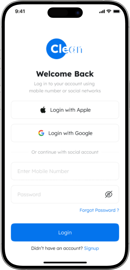 Home services app login screen