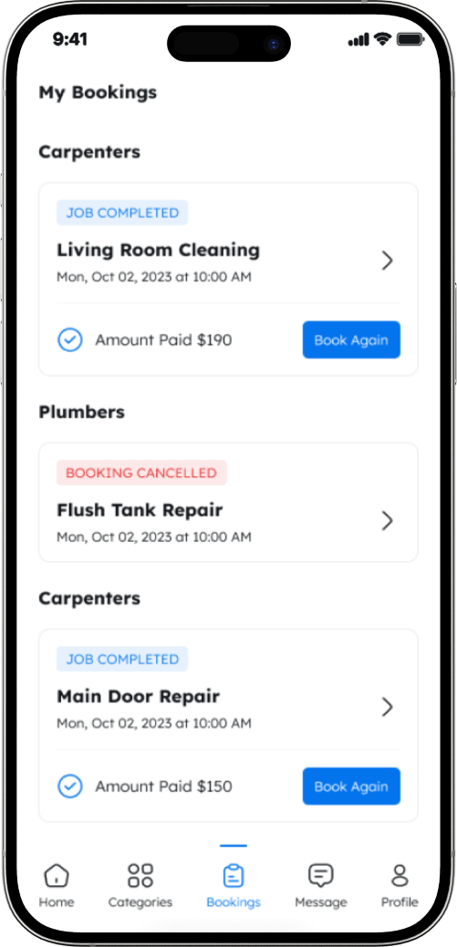 Home services app my bookings screen