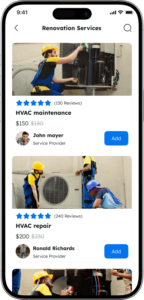 Home services app renovation services screen