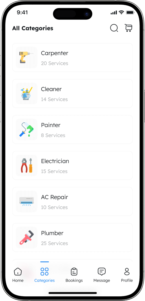 Home services app service categories screen