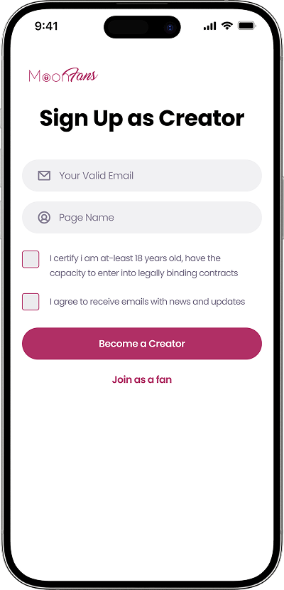 JustForFans Clone Sign up as creator screen