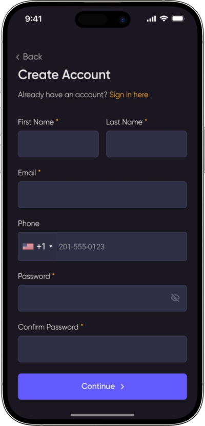 PayPal Clone create account screen