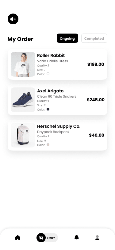 Shopify based Ecommerce app My orders screen