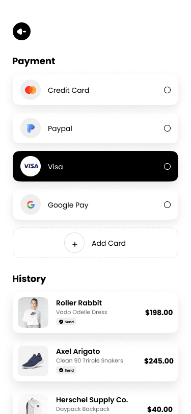 Shopify based Ecommerce app payment options screen