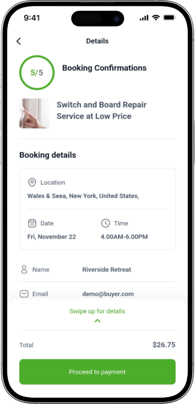 TaskRabbit clone service booking confirmation screen