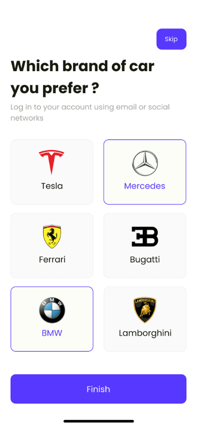 Turo clone ride selection screen