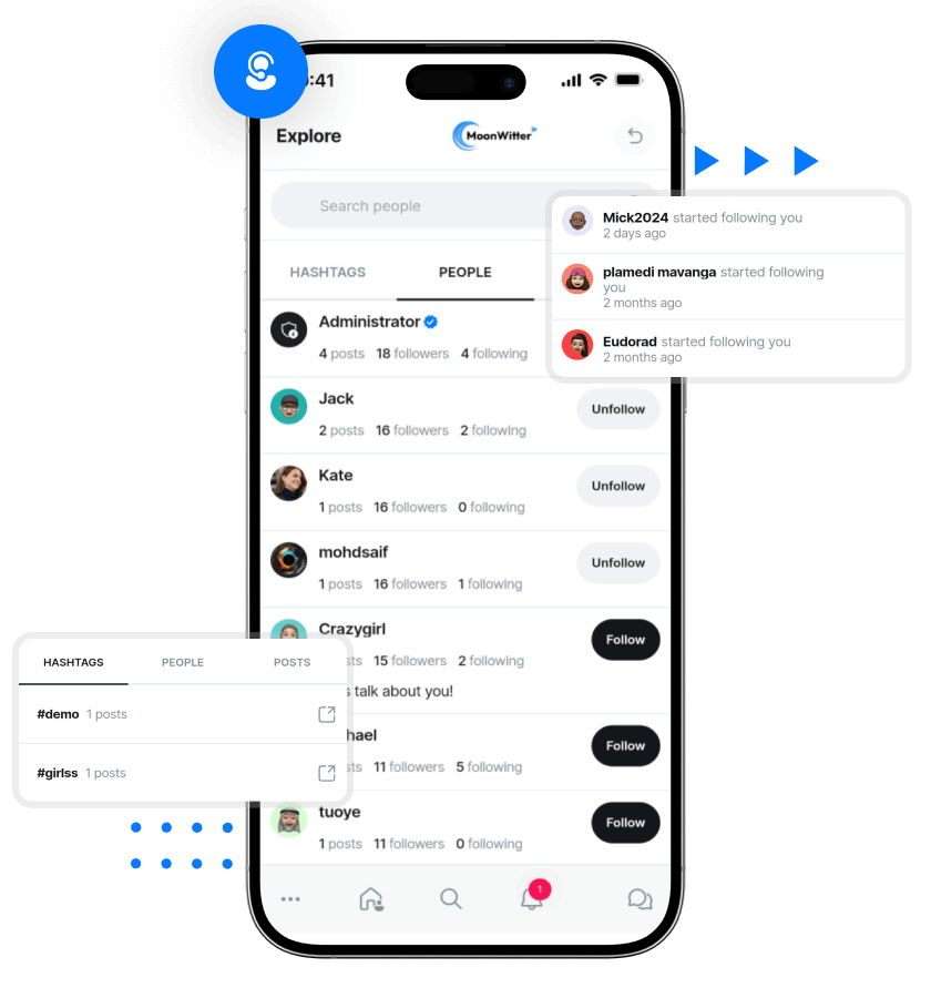Twitter clone explore people hashtags notifications