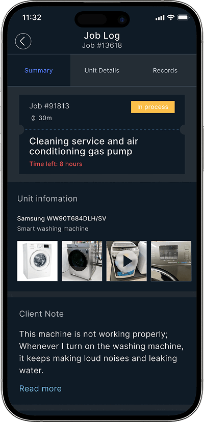 Uber for mechanics job log screen