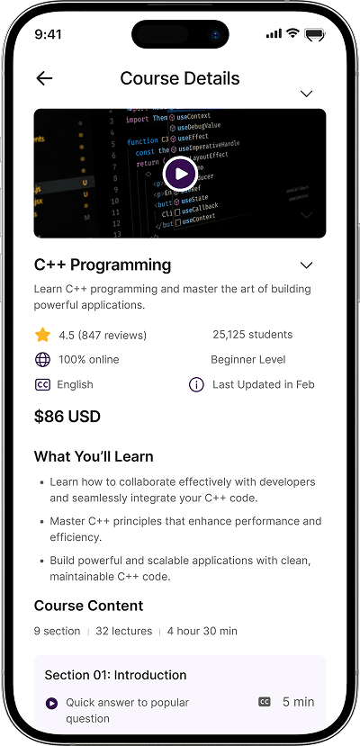 Udemy clone course details screen