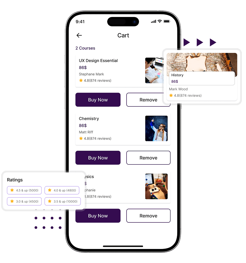 Udemy clone my cart, course ratings, and order history features