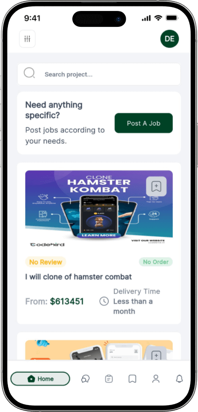 Upwork clone homescreen