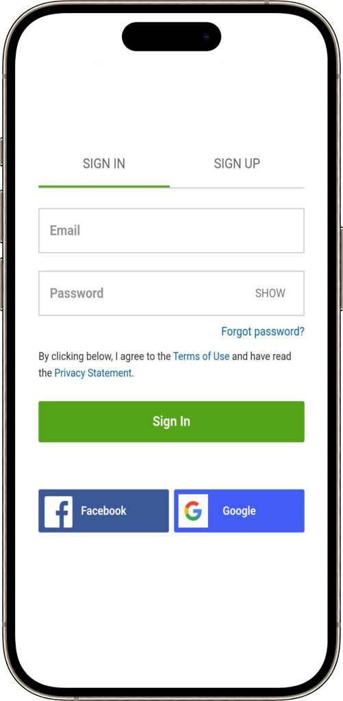 User sign in screen