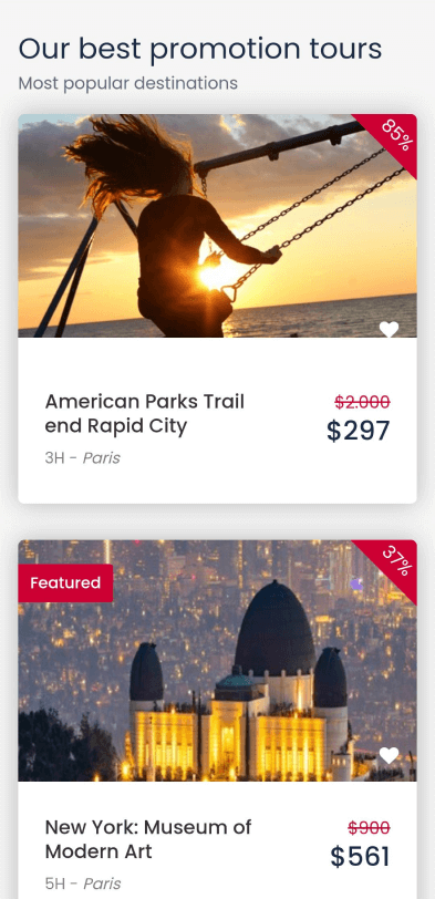 Vacation tours app screen